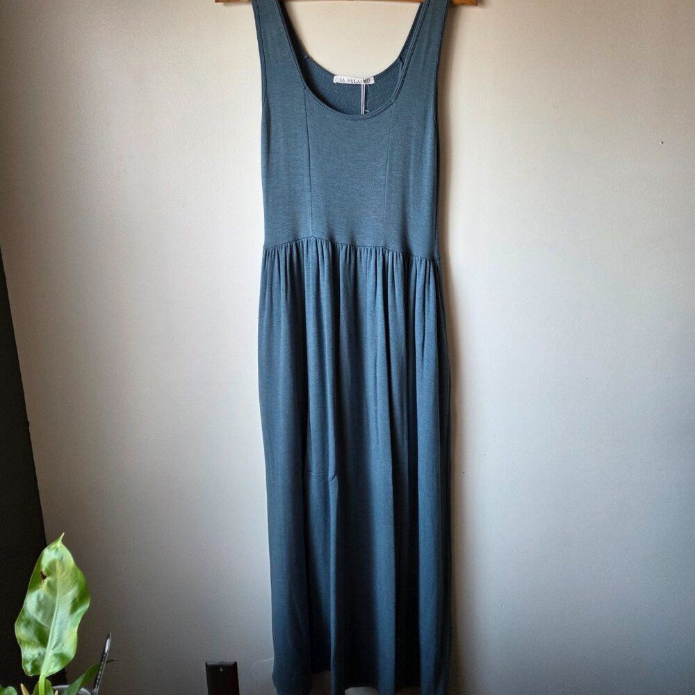 NWT LA RELAXED SCOOP NECK BLUE MAXI DRESS TENCEL MODAL BLEND SIZE M